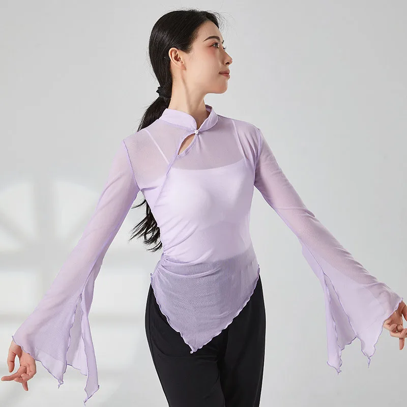 

Adult Slim Fit Semi Transparent Stand Collar Belly Dance Blouse Long Flare Sleeve Top Costume for Women Dancing Dance Clothes