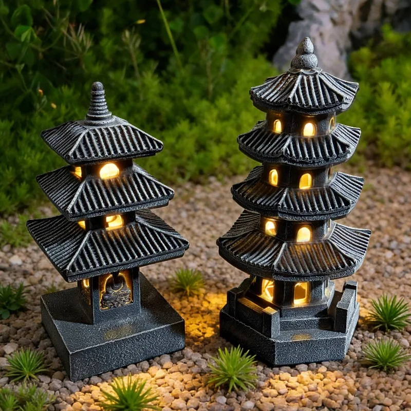 Solar Powered Stone Pagoda, Palace Lantern Courtyard, Pagoda Statue, Lantern Stone Pagoda Courtyard, Meditation Buddha Statue