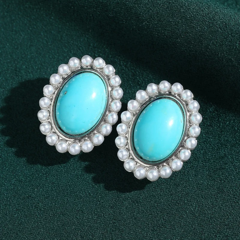 

Vintage Turquoise Earrings Stud With Pearl Oval For Woman Summer Beach Luxury Designers High Quality Party Accessories 2026