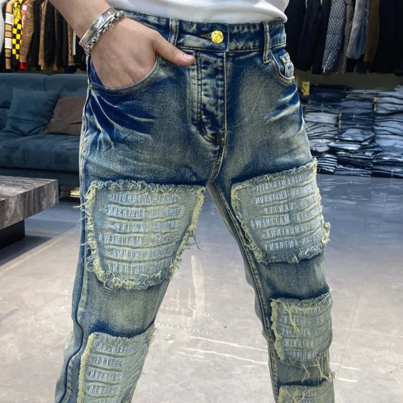 Street Retro Ripped Patch Jeans Men Punk Jeans Hip Hop Dance Party Denim Fashion Jean Slim Fit Jeans Men Motorcycle Pants