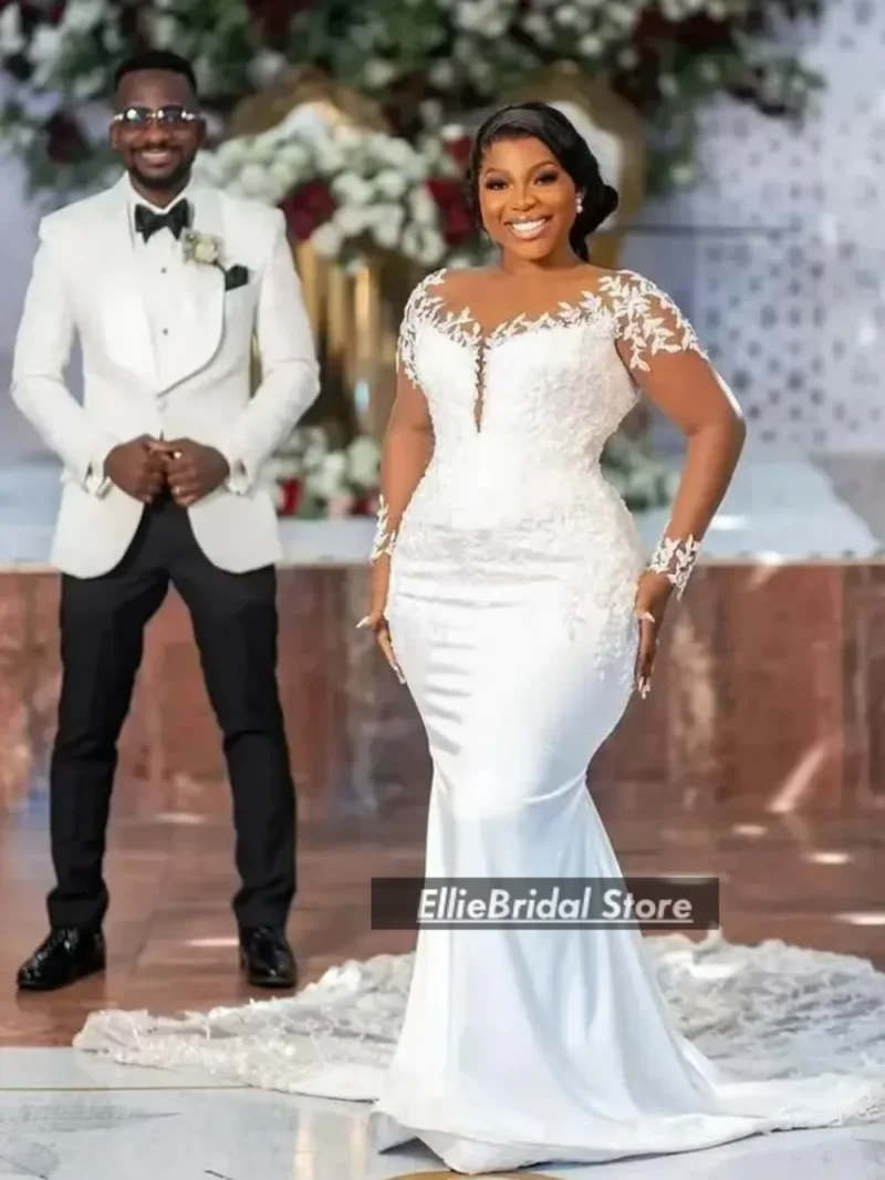 African Lace Wedding Dresses Long Sleeves Appliques Mermaid Bridal Gowns Bride Dress Plus Size Vestidos De Novia Customzied