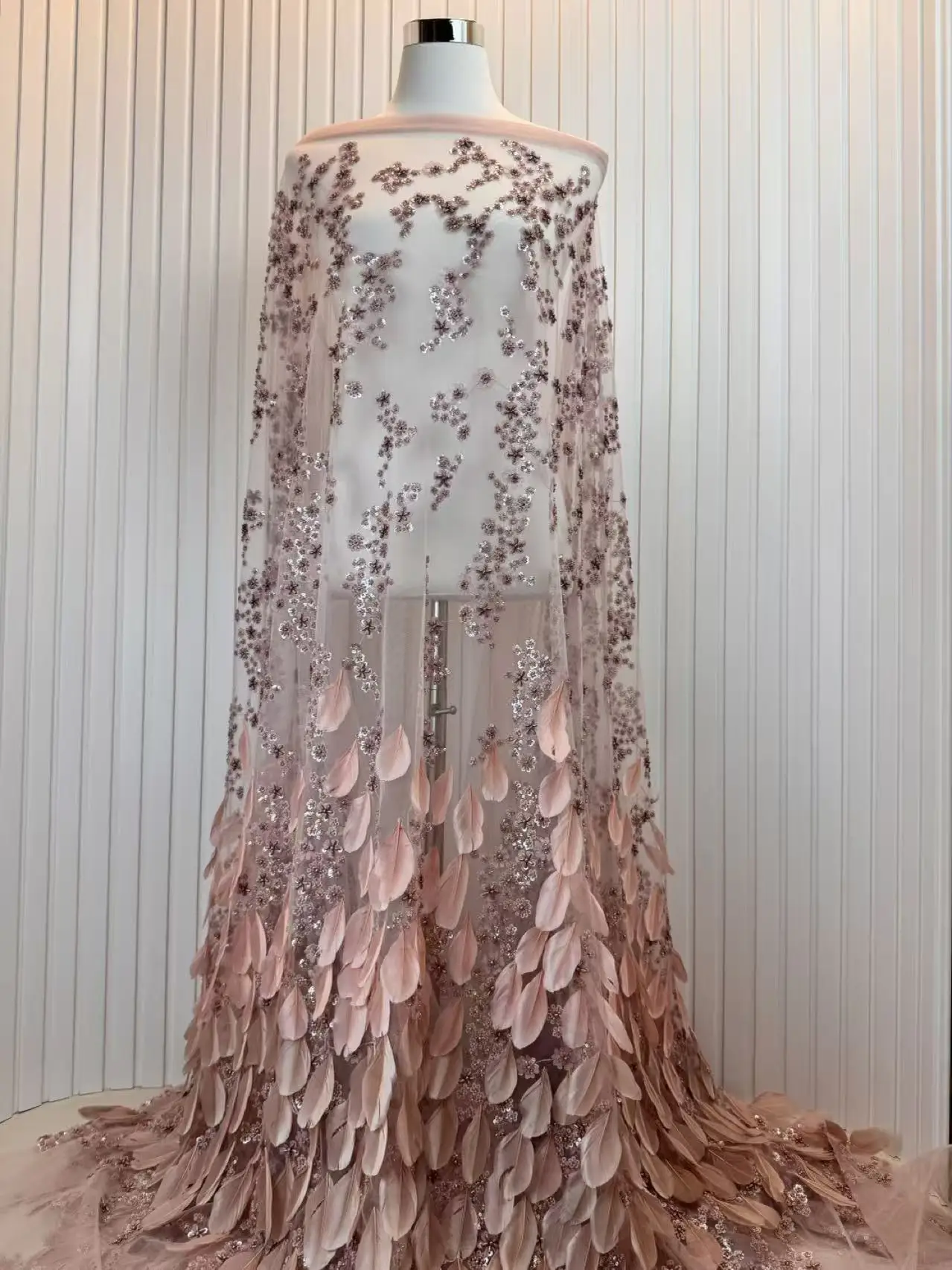Luxury African 3D Feather Lace Fabric Beaded Embroidery with French Sequins High Quality for Nigerian Wedding Dress Sewing view 5