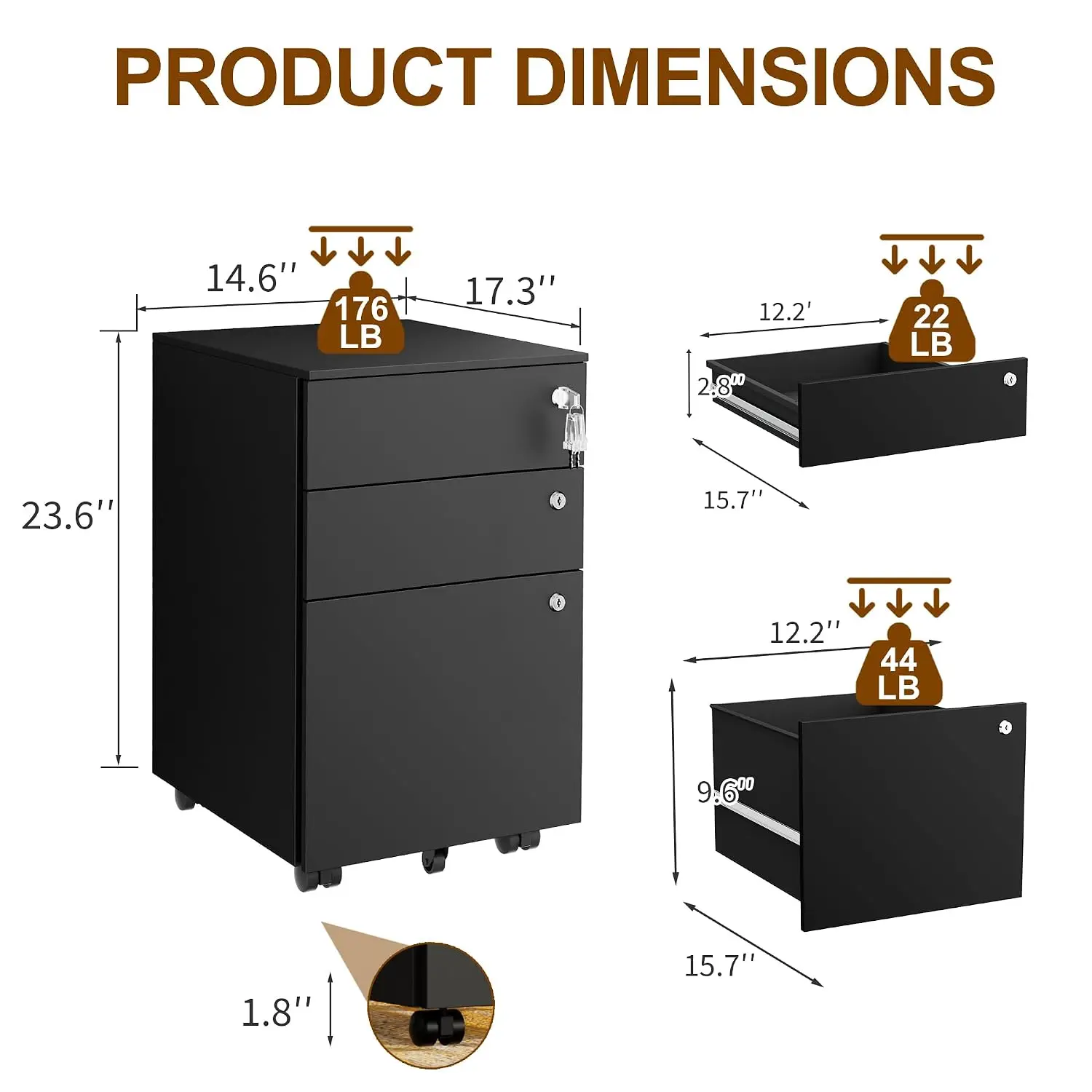 3-Drawer Locking Mobile Metal File Cabinet Fully Assembled for Home Office A4 Letter Legal Folders, Customized