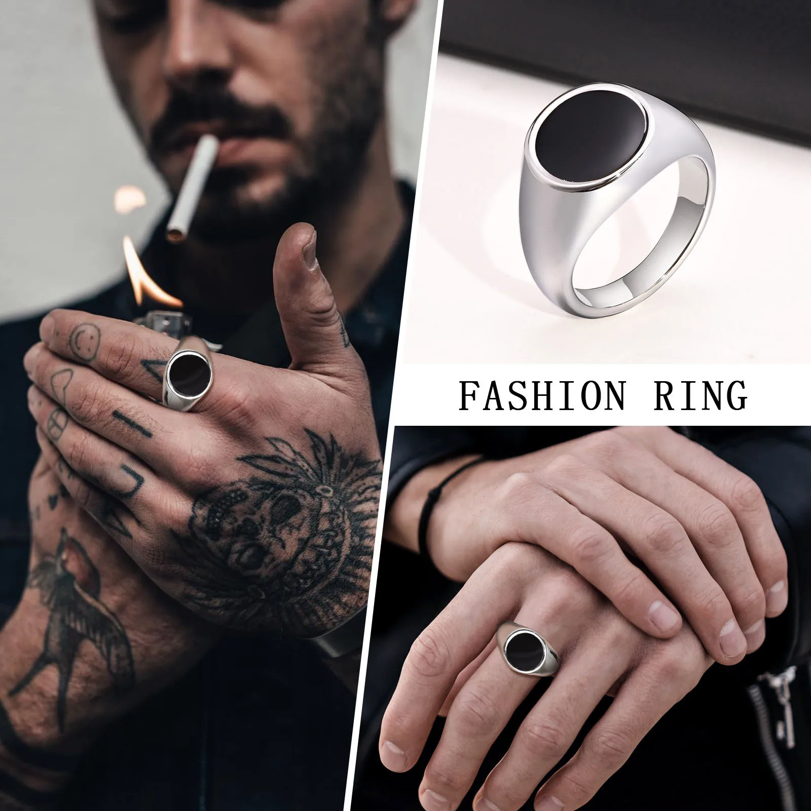 Vnox 13mm Men Signet Rings, Stainless Steel Fingber Band with Enamel Round Top, Never Fade Waterproof Male Boy Cool Punk Ring