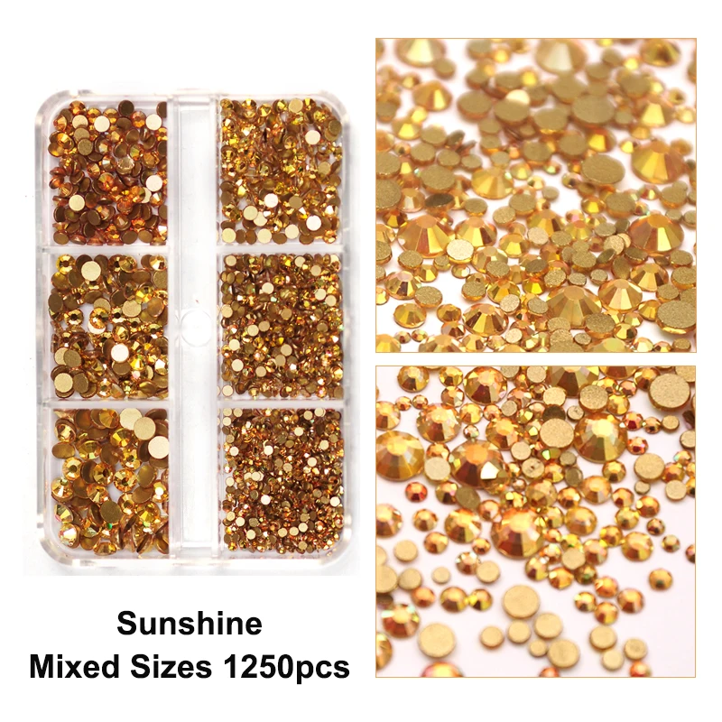 

6 Grids/Box Sunshine Nail Rhinestones Flat Bottom Mixed Size SS4-SS16 Nails Accessories for DIY Design Nail Art Decoration