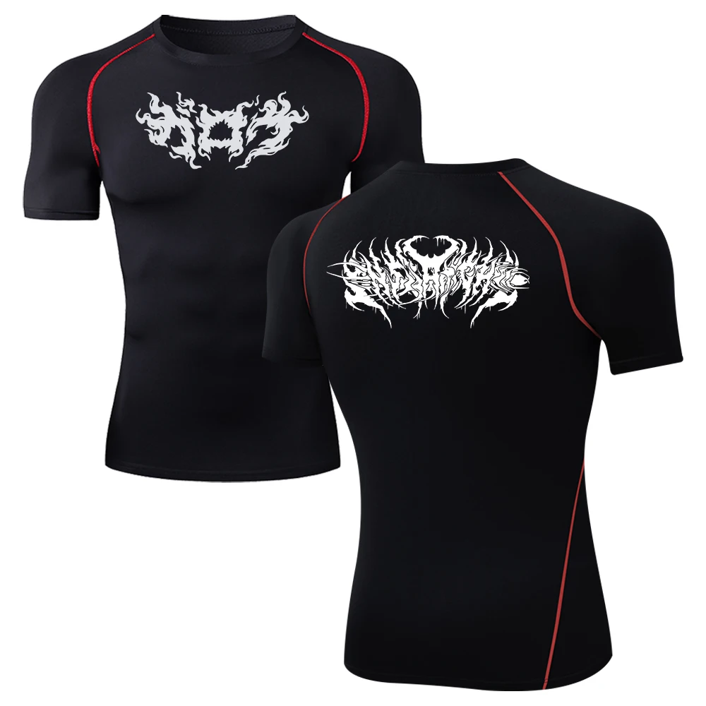 Summer Men's Compression Sports Training T-Shirt Quick Dry Gym Running Workout Short Sleeve Top Gothic Flame Thorn Letter Print view 6