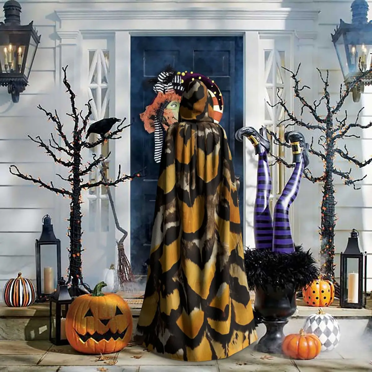 ريشة طويلة مقنعين عباءة الساحرة القرون الوسطى زي تأثيري كيب هالوين مصاص دماء الكبار للجنسين