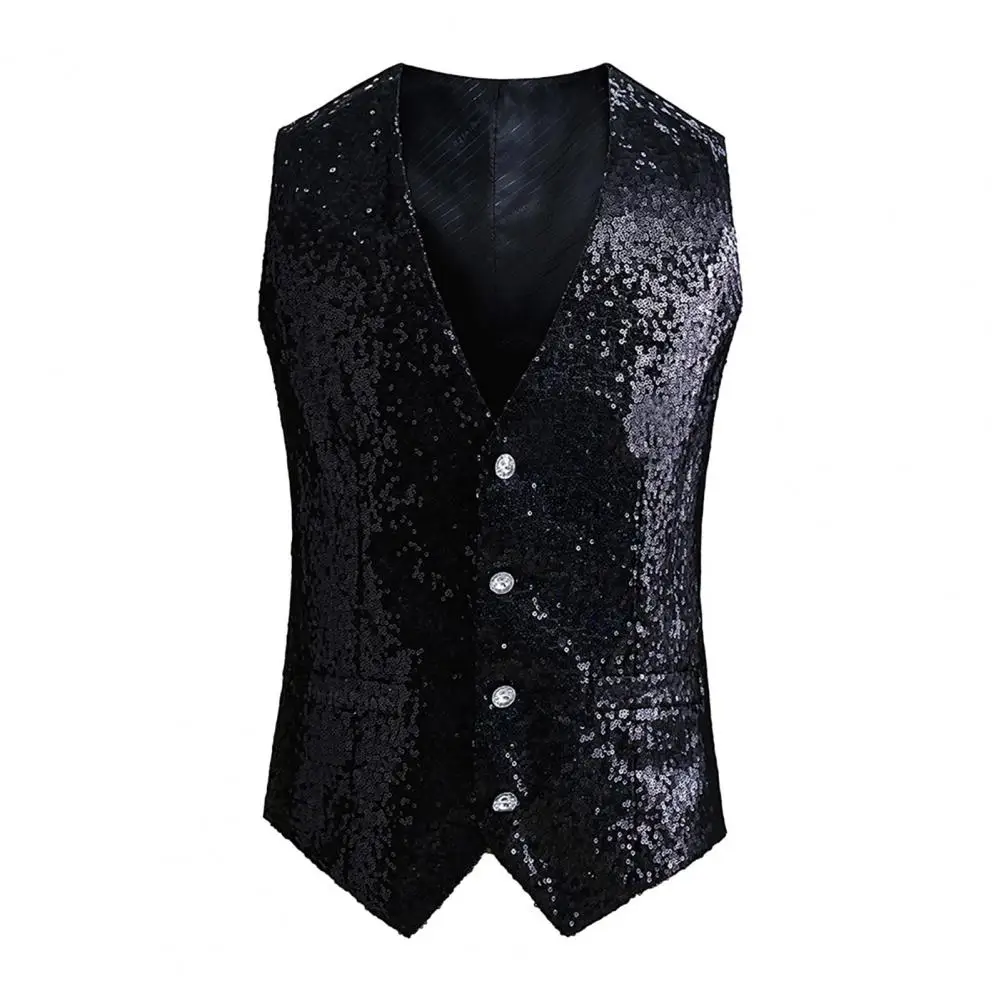 Men Vest Shiny Sequin Sleeveless Slim Fit Cardiagn Single-breasted V Neck Men Formal Waistcoat Slim Fit Sequins Decor Suit Vest