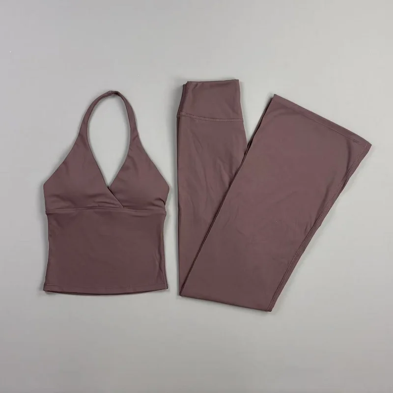 Damen 2-teiliges Gym-Set: Original Neckholder-Top, schmal geschnittene Yoga-Schlaghose, hochelastisch, weich, für Fitness, Workout, Pilates, Radfahren. – Detail 15