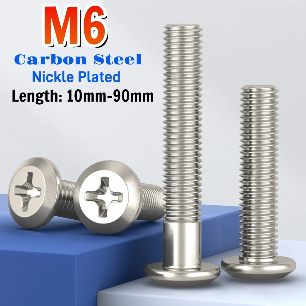 M6 Phillips Large Flat Head Screw Carbon Steel Nickle Plated Flat Head Chamfered Edge Cross Screws Furniture Connector Bolts