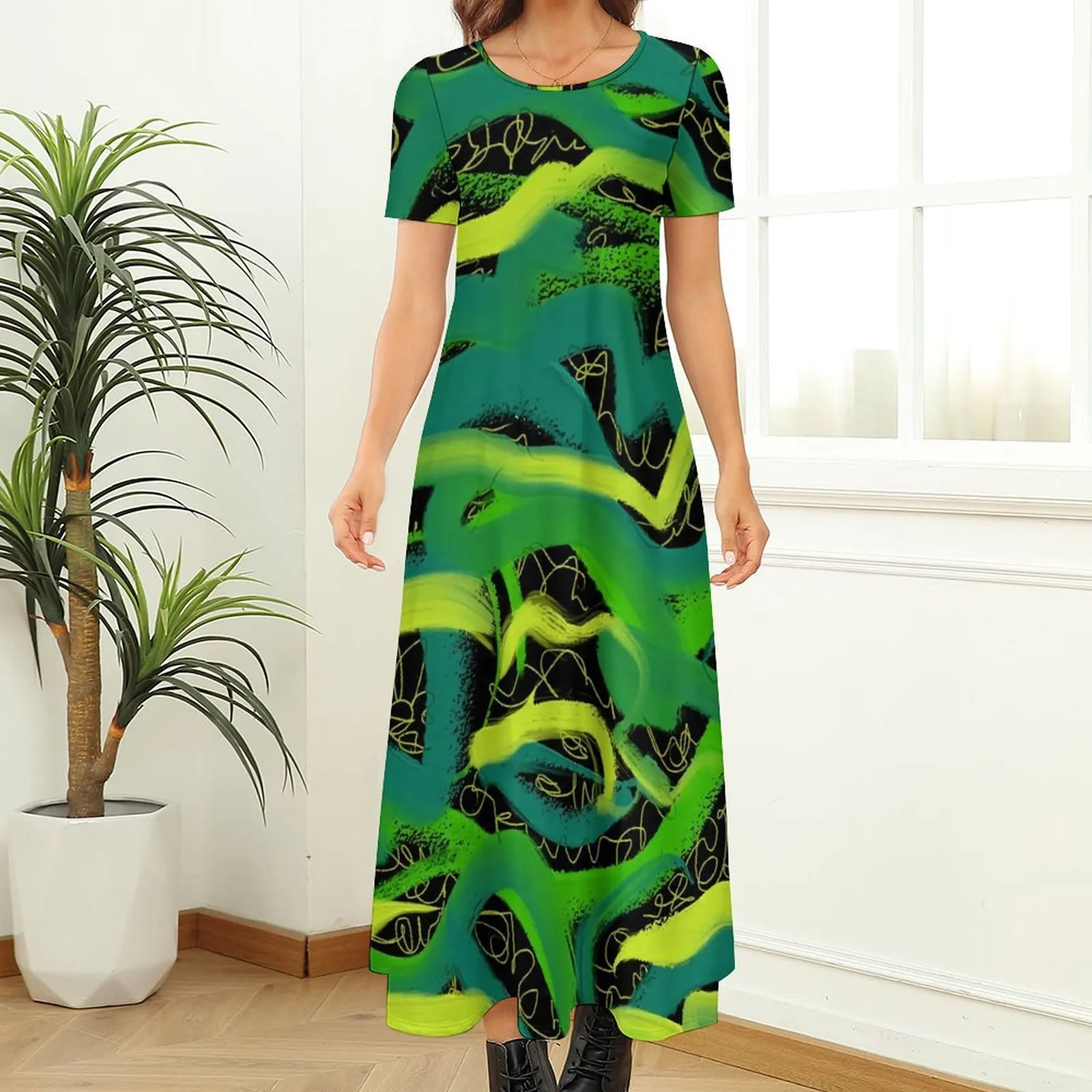 Green Neon Brush Dress Abstract Art Vintage Maxi Dress Streetwear Boho Beach Long Dresses Woman Short Sleeve Big Size Clothes