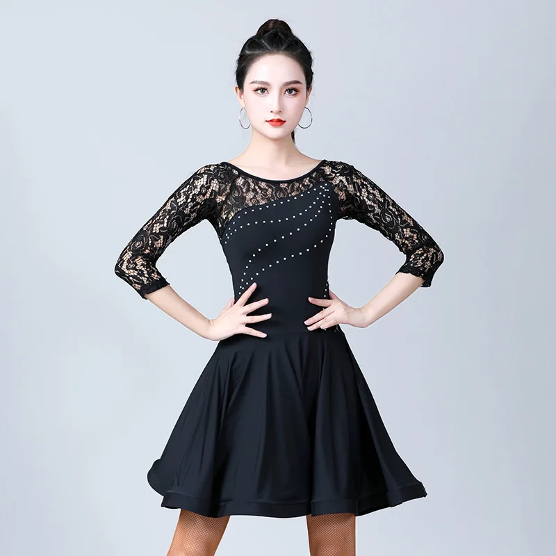 Vestido de baile latino para mujer, vestido negro de encaje con diamantes de imitación, cha, tango, 1 unidad por lote