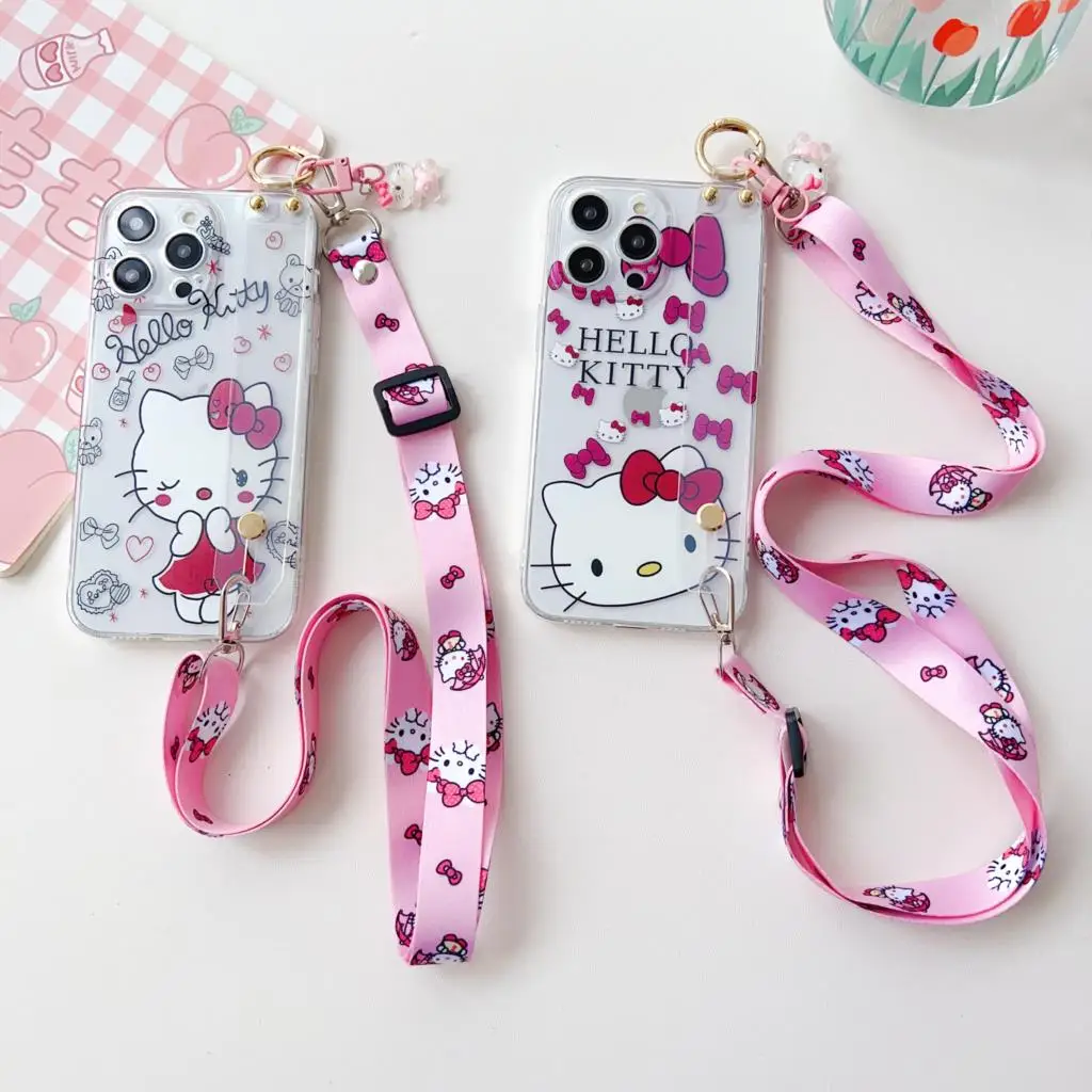 For Samsung Galaxy S8 S9 S10 S20 S21 S22 S23 Plus Ultra S21FE Note 9 10 20 Hello Kitty Case Wrist Strap Ornament