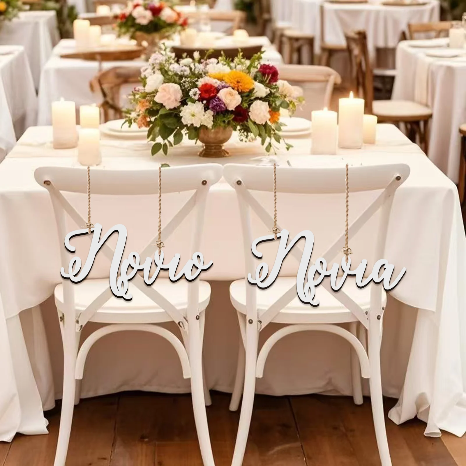 Novia Novio Spanish Wedding Chair Signs - White Wooden 14.1x28.2/29.3cm, 0.4cm Thick, Laser Cut for Reception Decor
