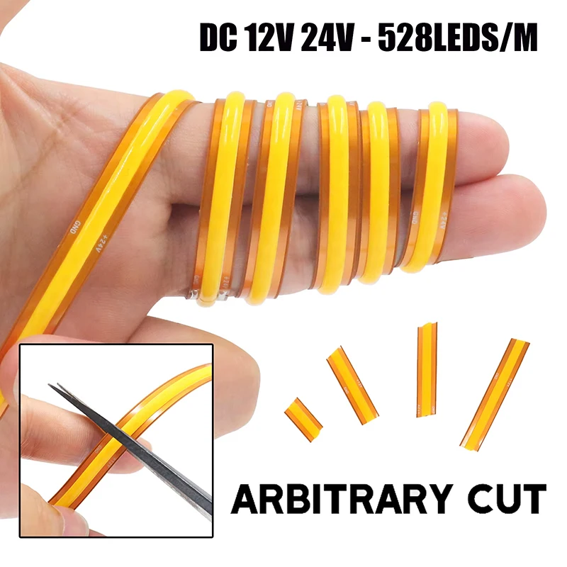 

DC 12V 24V Free Cut Cob Led Strip, 528 LEDs/M 8mm PCB Self-Adhesive COB LED Strip Lights For Cabinets And Display Cases