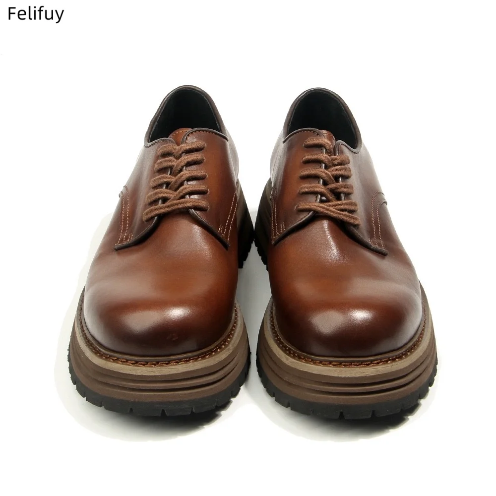 British Style Big Head lace-up Derby Men’s Shoes, Handmade Platform Work wear Casual Shoes, Vintage Chunky Sole Oxfords for Men