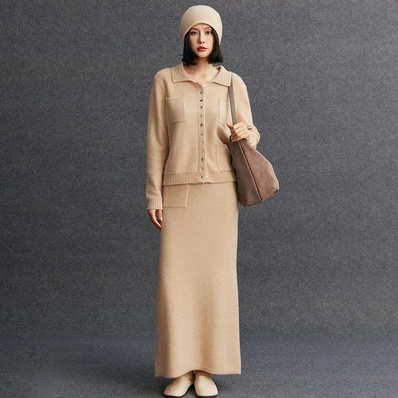 2025 Women 100%Cashmere Cardigan Knit Skirt Autumn Winter half-body Skirt soft warm fashion polo collar long-sleeved Sweater