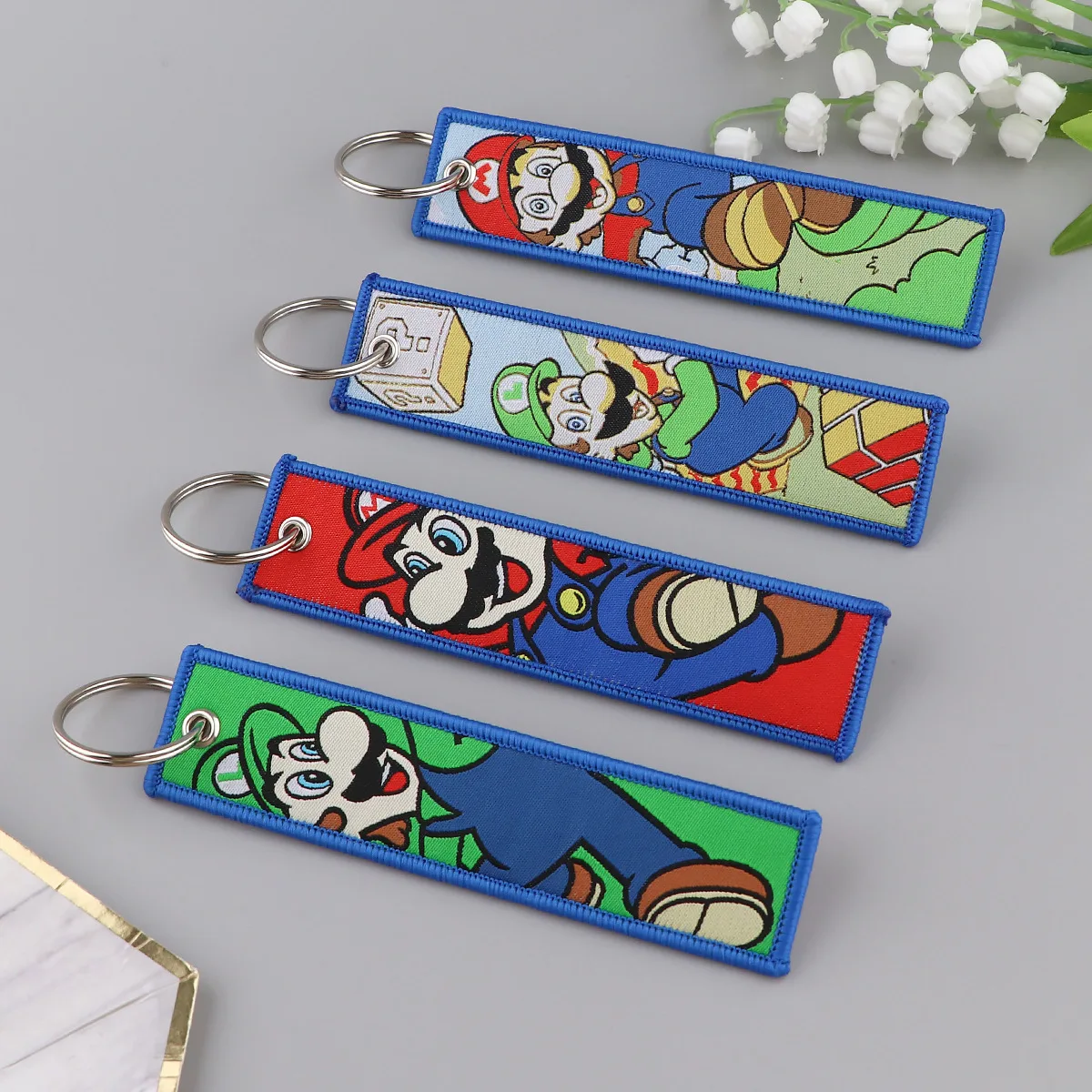 Super Mario Anime Embroidery Key Tag Key Fobs Cartoon Cute Cars Keychain Accessories Kawaii Backpack Key Ring Gifts for Friends