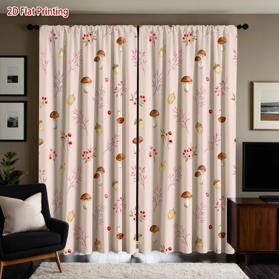 2PCS Digital Print Curtains, Mushroom Acorn, Forest Cottage