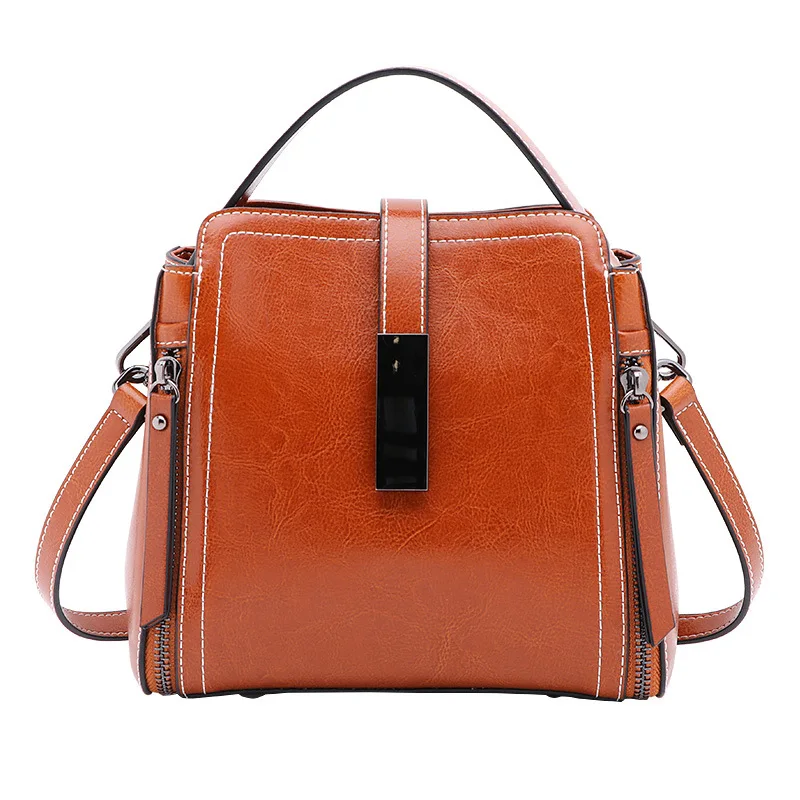 2024 New Genuine Leather Oil Wax Women\'s Handbag Single Shoulder Crossbody Bag Women\'s Summer Bucket Bag