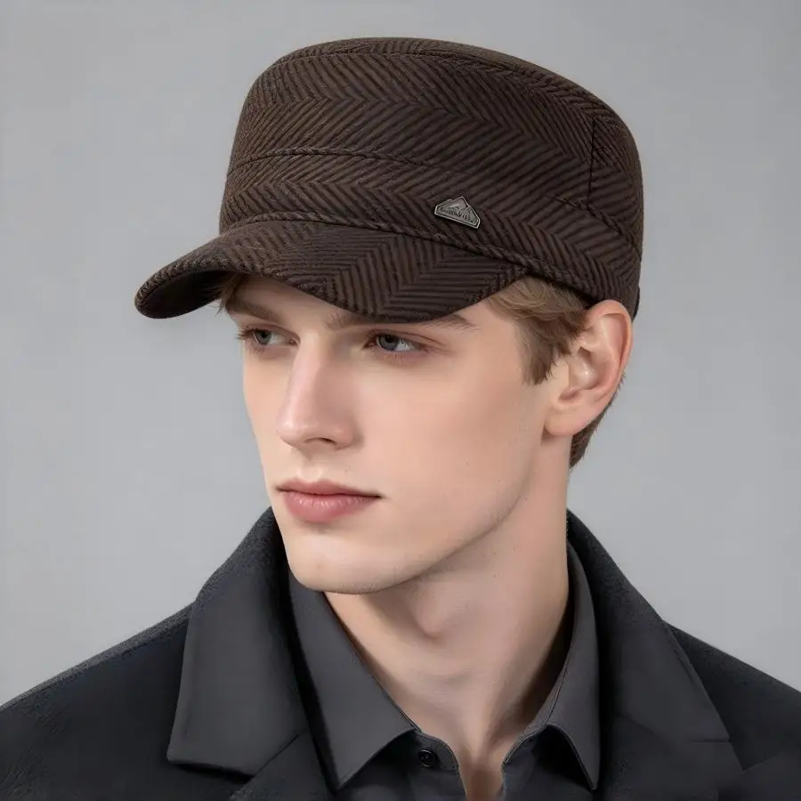 1 Striped Newsboy Cap for Middle-Aged and Elderly Winter Thickened Duckbill Cap Retro Men's Outdoor Ear-Protecting Forward Cap