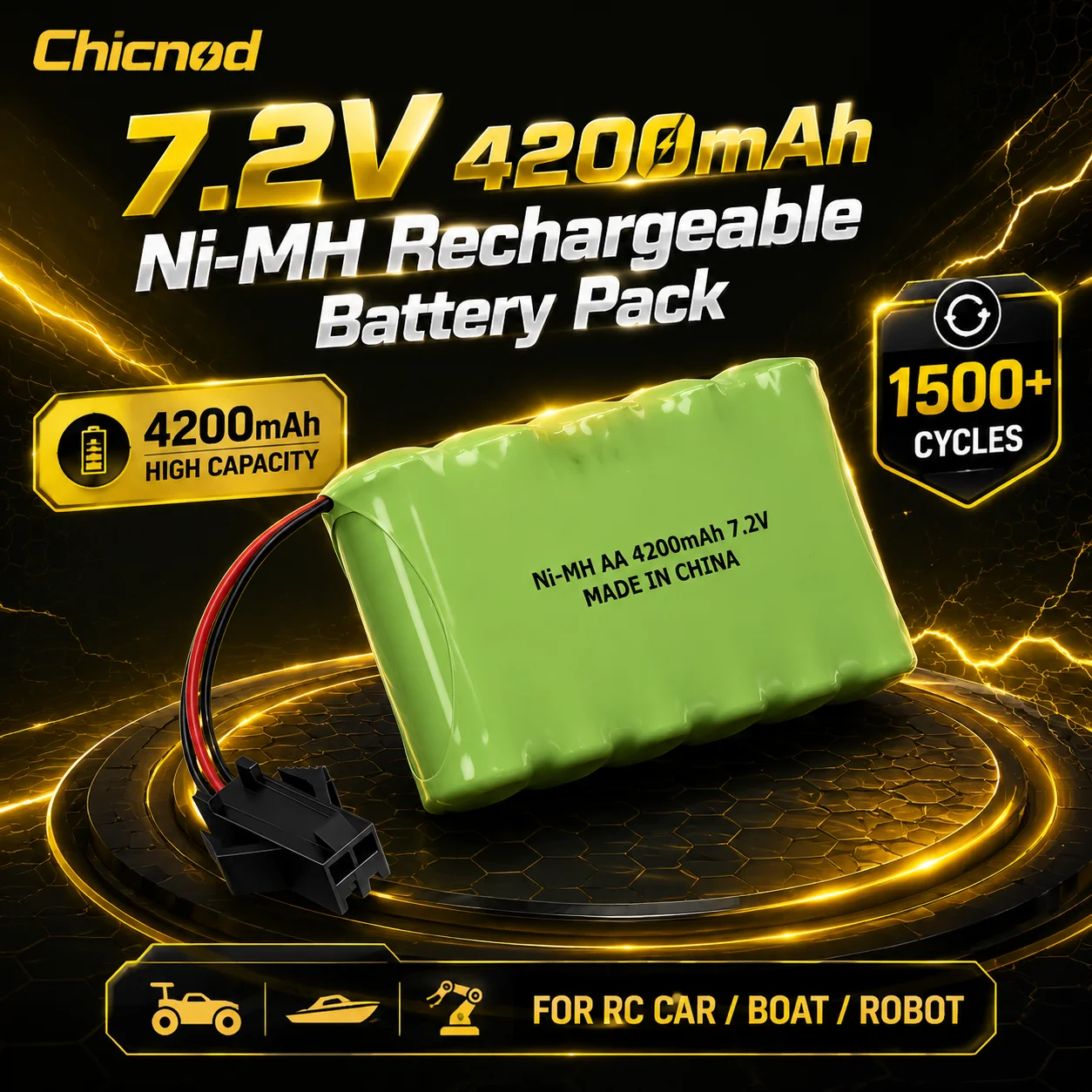 Chicnod 7.2V NiMH Battery Pack 4200mAh Rechargeable AA Battery High Capacity for RC Car Racing Boat Tank Robot Models