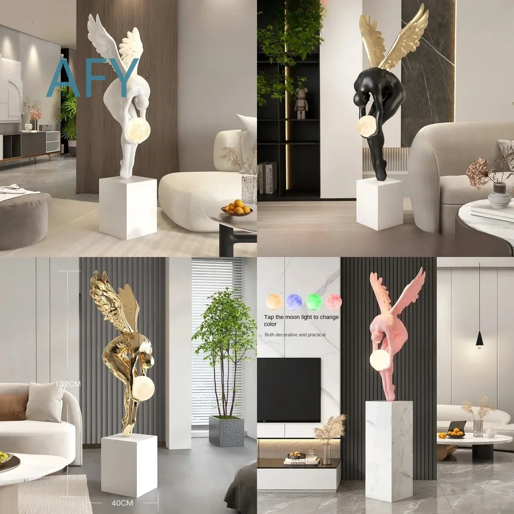 Luminous Wing Figure Sculpture for Home Decor Living Room Modern Nordic Style Resin Figurine Large Statue Ornament Art Craft