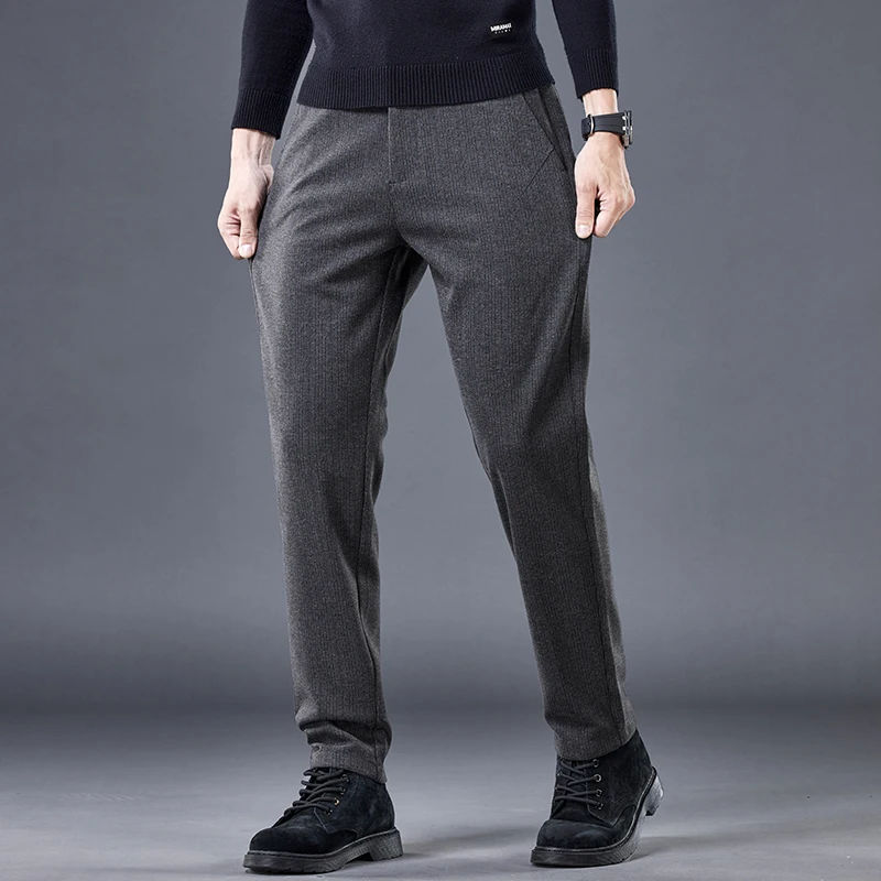 Fashion Slim Stripe Men\'s Pants Elastic Waist Business Suit Stretch Thick Korea Formal Trousers Male Brand Clothing 28-38