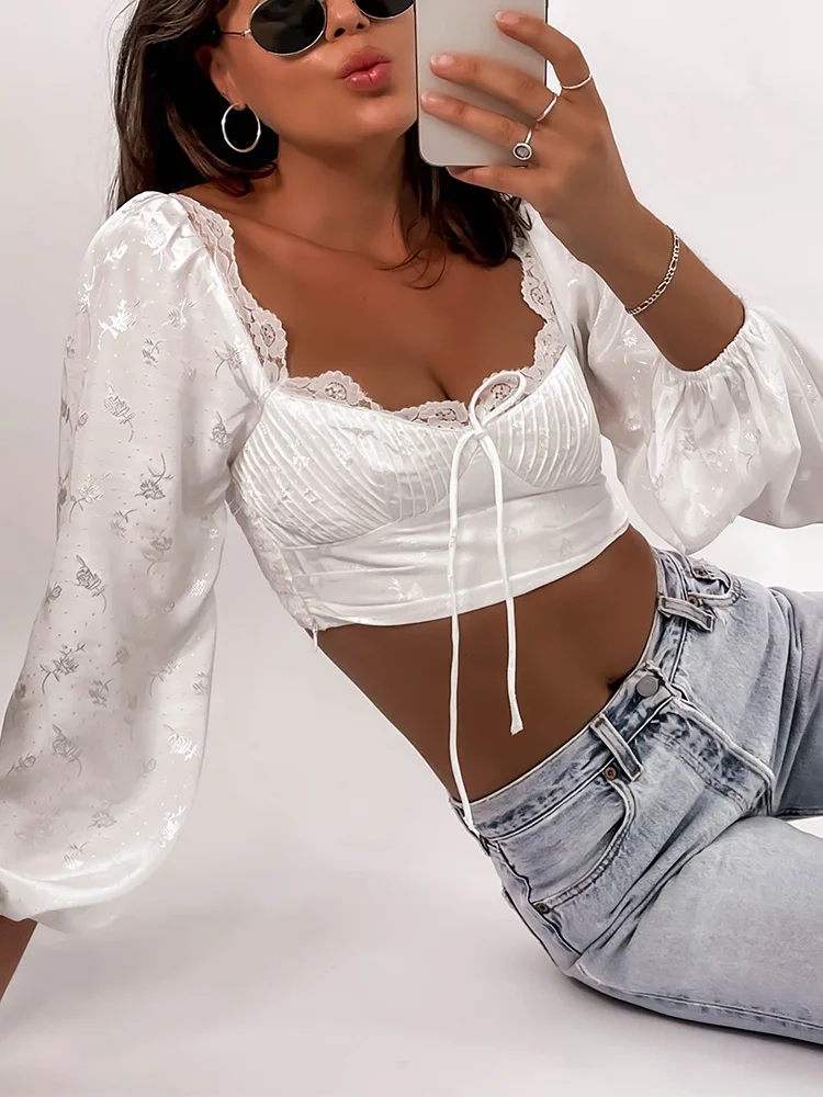 

Tops Women 2022 Lace Trim Sweetheart Neck Tie Elegant Jacquard Blouse Back Smocked Sexy Crop Top Long Puff Sleeve White Blouse