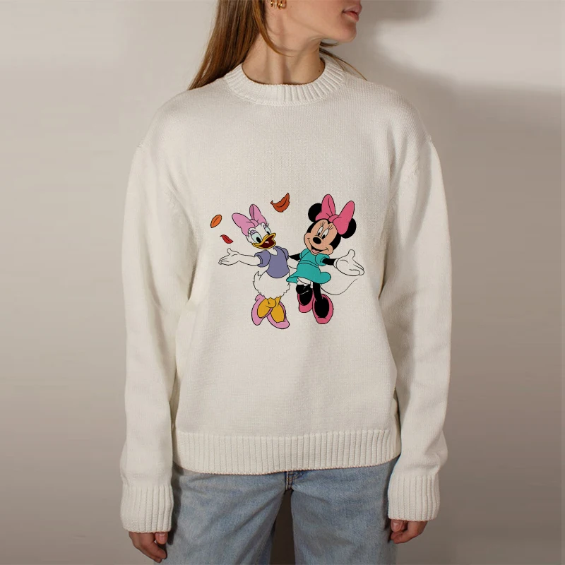 Disney Mickey Minnie Sweater Pullover Long Sleeve Knitted Women Top O Neck Female Jumper Autumn Winter Streetwear White Sweaters