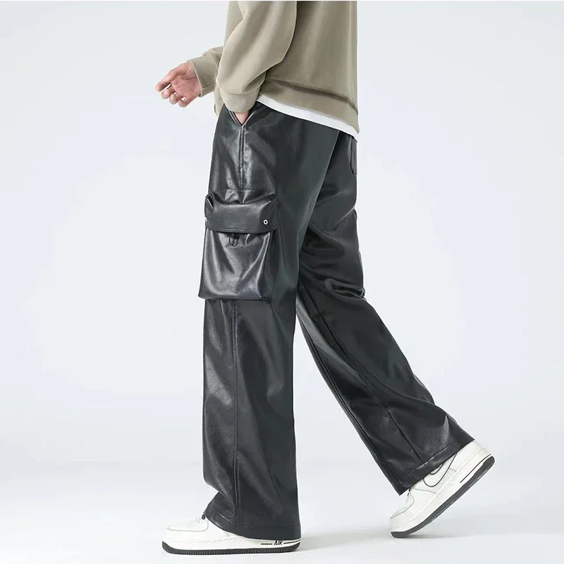 Men's Black Matte Leather Straight Pants Pocket Street Casual PU Cargo Pants Male Loose Wide Leg Pants Clubwear Trousers Cutsom