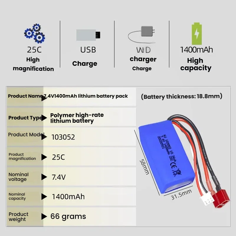 

1-4pcs T Plug 103052 7.4V 1400mAh 2S Lipo Battery 25C Battery for Wltoys A959-B A969-B A979-B K929-B RC Car Truck Spare Parts