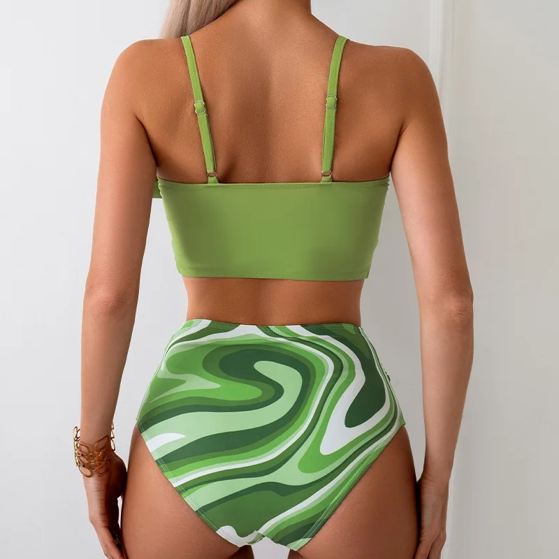 2024 Summer New Split Bikini Strap Solid Color Bra Top High Waist Two Piece Set Fashion Summer Swimming Vacation Beach Swimsuit