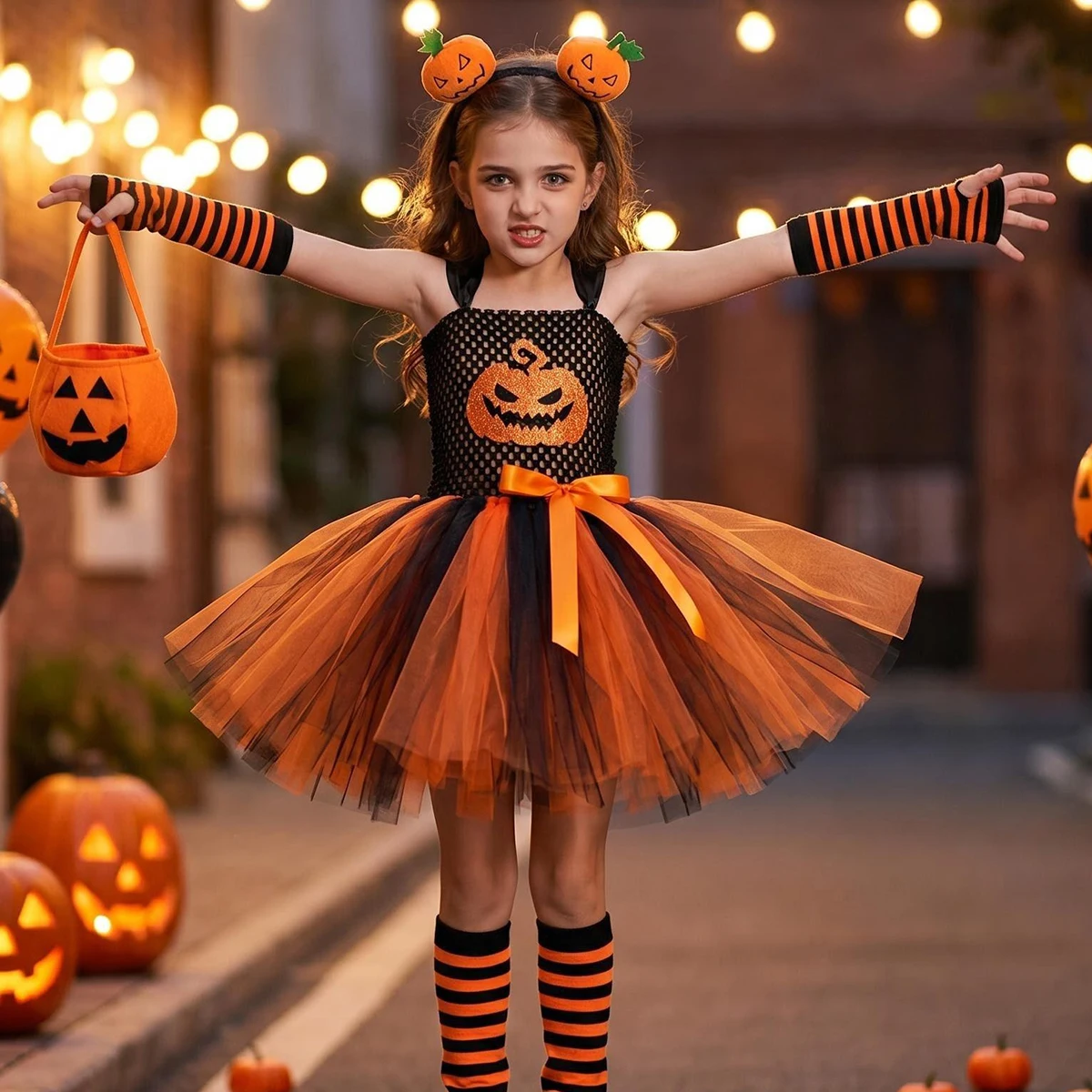 Girls Halloween Pumpkin Tutu Dress for Kids Wicked Witch Jack O Lantern Face Costume Girls Trick 'r Treat Carnival Party Dress