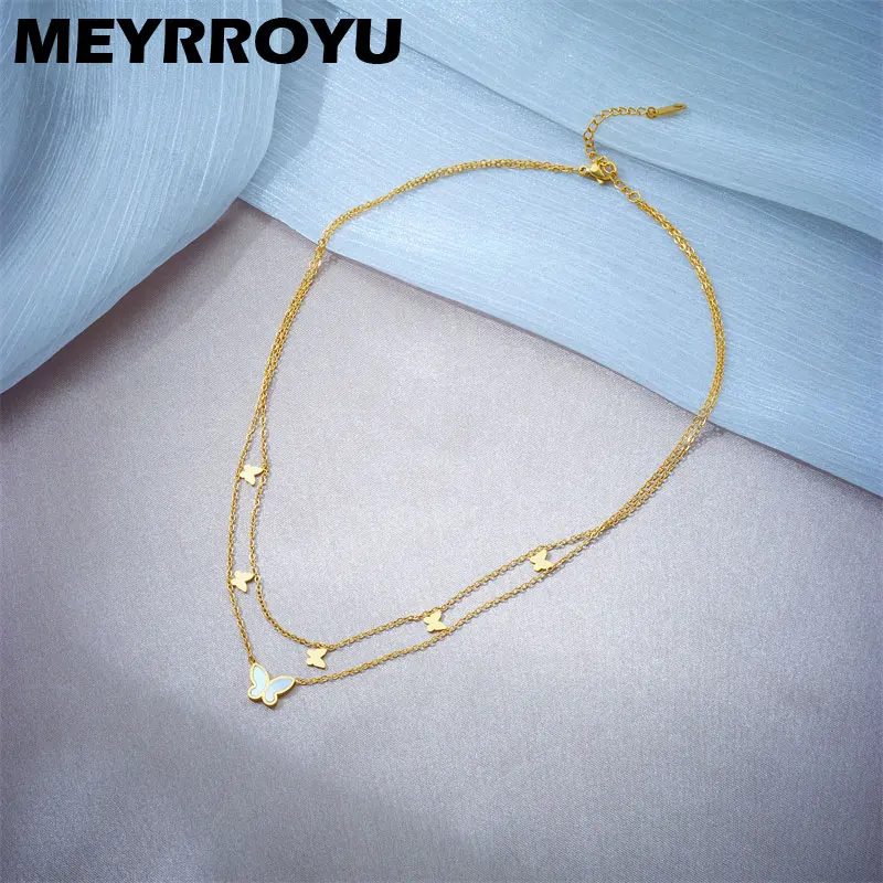 MEYRROYU 316 Stainless Steel Colorful Beaded Pendant Necklace For Women 2 in 1 Flat Chain Vintage Luxury Wedding Banquet Jewelry