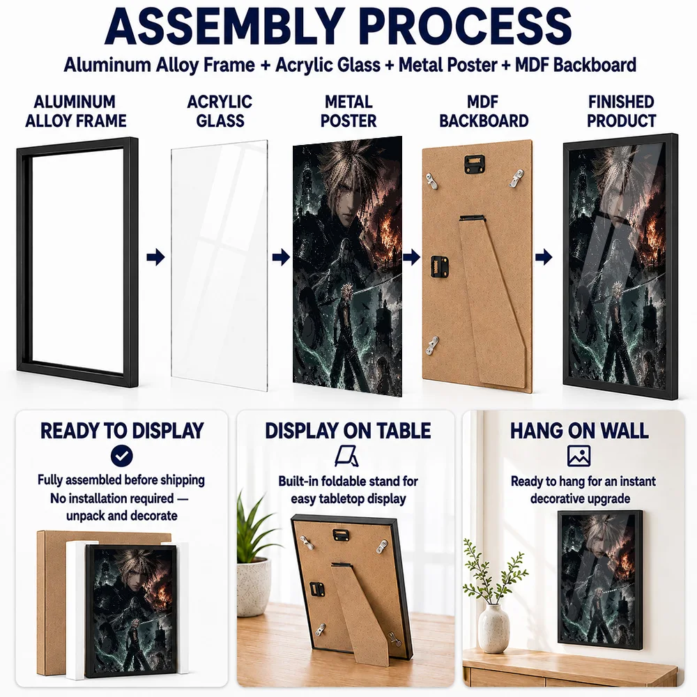 Final Fantasy VII Pixel Design Framed Metal Print Customized Photo Mythic Character Style Wall Art For Home Office Player Gift