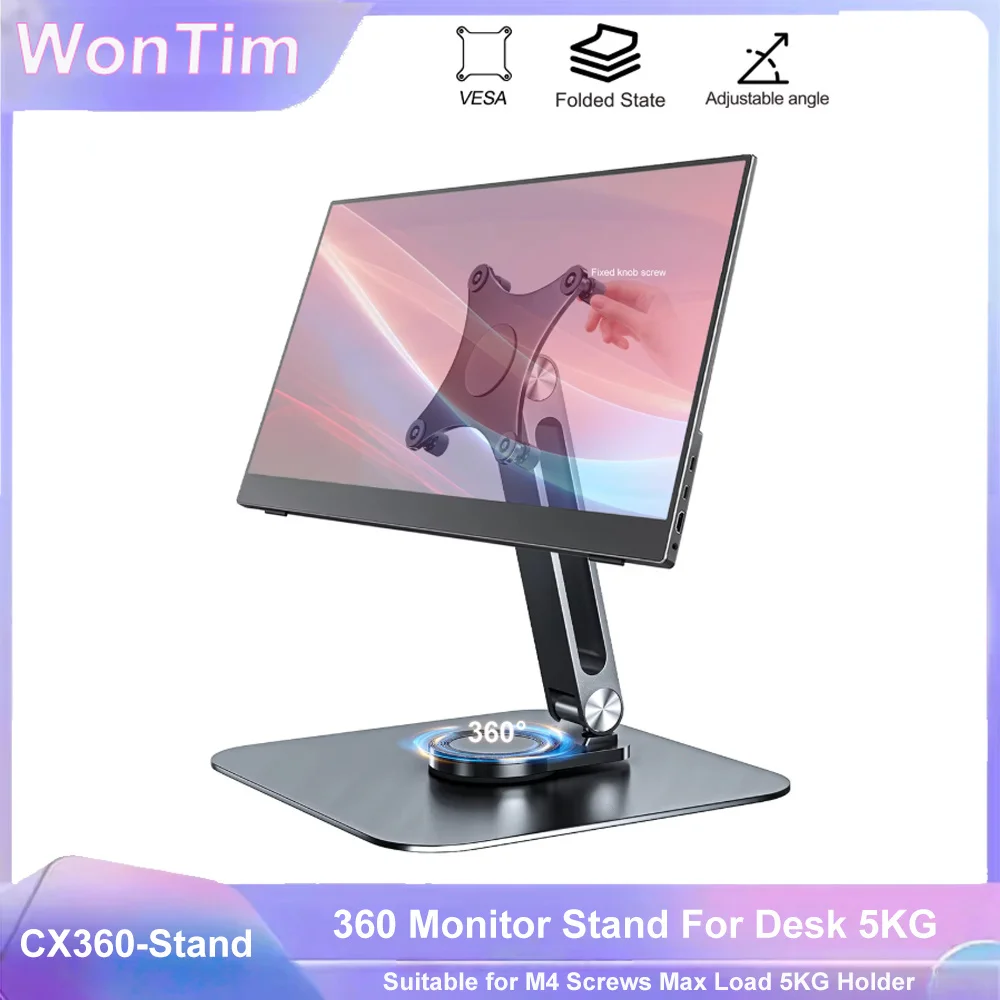 WonTIm Monitor Stand Support Aluminum Alloy Desktop 360 VESA 75x75mm Suitable for M4 Screws Max Load 5KG Holder Second Screen