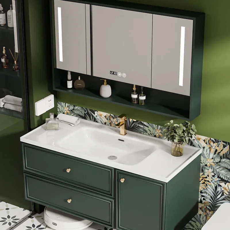 Lavabo de cerámica integrado, mueble de baño, color verde oscuro, crema, viento, combinación, personalizado