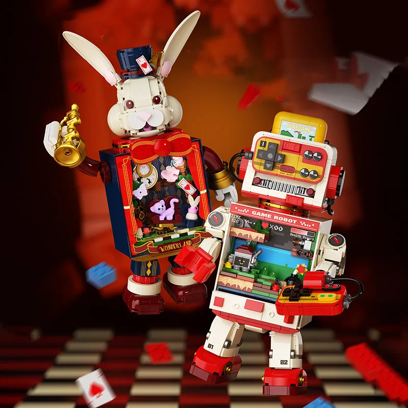 Mr. Rabbit Video Game Master Adult Building Blocks Clockwork Music Box Desktop Ornament Toy Christmas Creative Gift