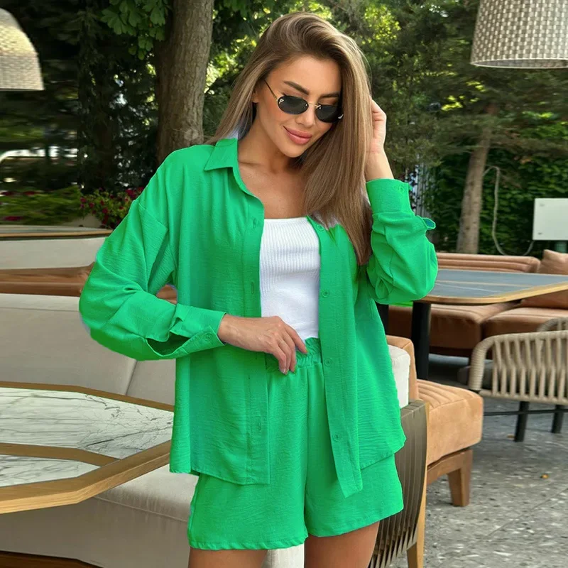 Matching Sets Single Breasted Long Sleeve Blouses Elastic Waist Shorts Casual Solid Cardigan Loose Fit 2024 Pockets Button