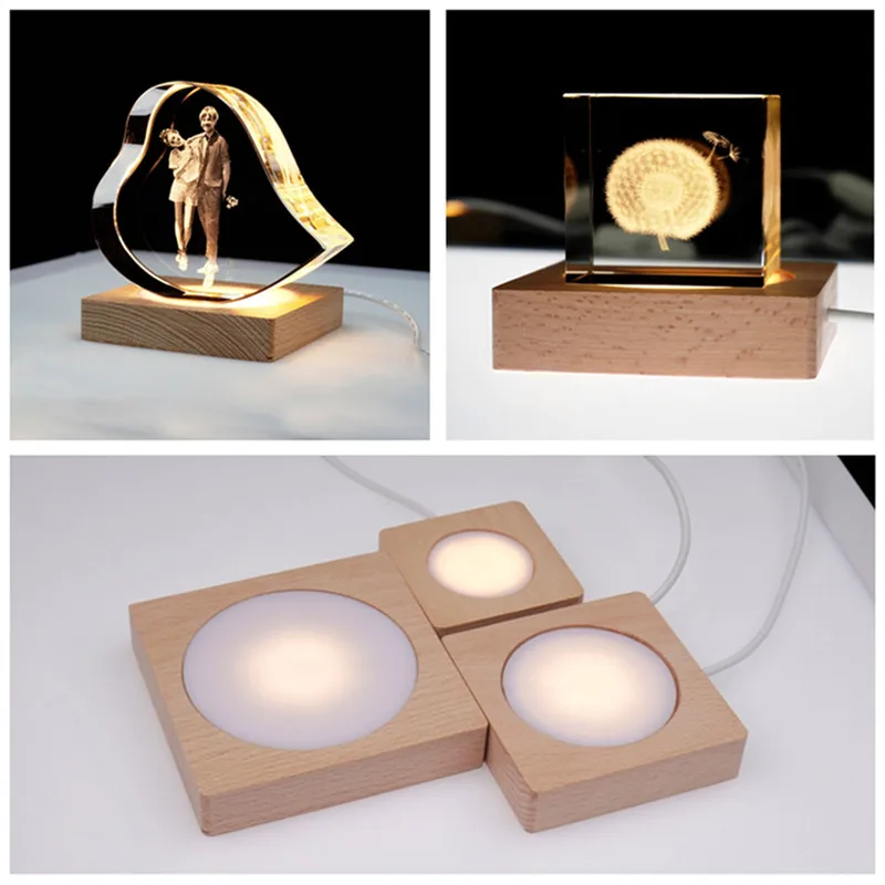 6/8/10cm Square Wooden LED Light Display Stand Desktop Crystal Glass Resin Art Ornaments Night Lamp Base For Home Store Decor