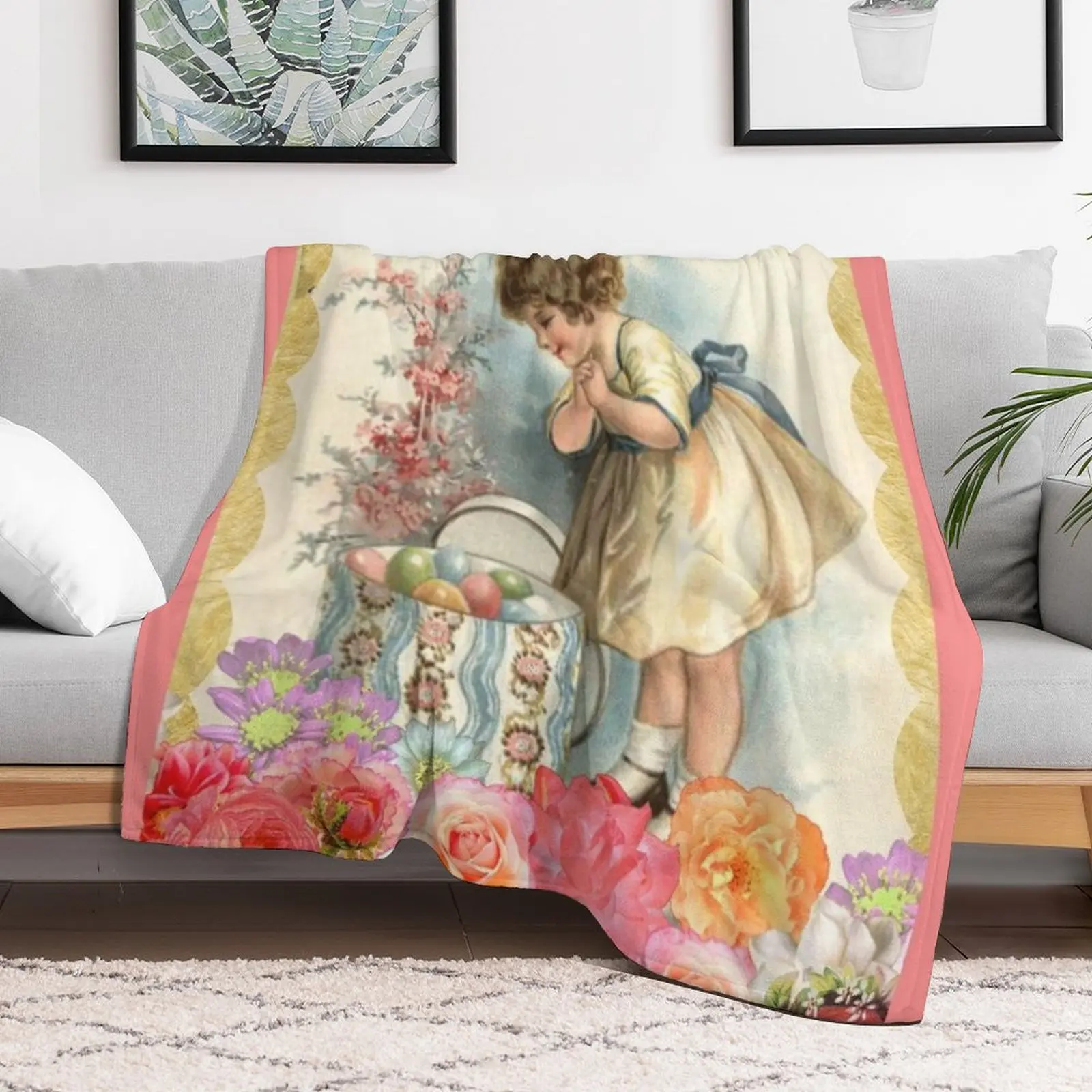 Vintage Easter Egg And Pink Spring Floral -Easter Greetings Throw Blanket Large Bed Thermals For Travel Blankets