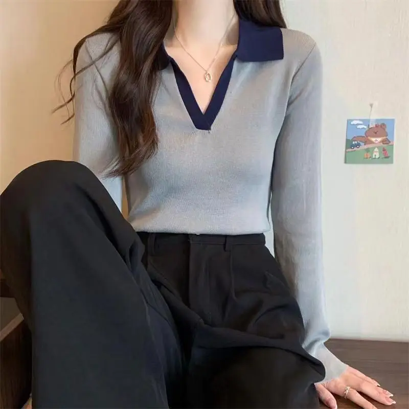 Women Korean Fashion Contrast Color Long Sleeve Chic T-shirt Spring Autumn Casual V Neck Slim All Match Basic Tops Ropa De Mujer