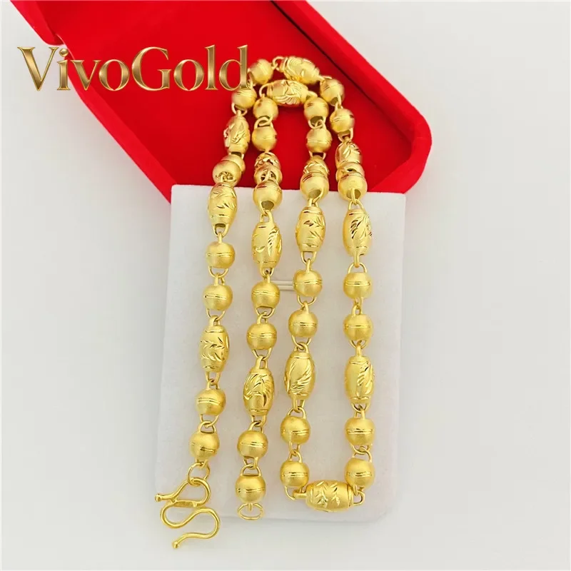 VivoGold9999 24K real gold hollow carving phoenix pattern olive beads necklace for men and women matte gold chain