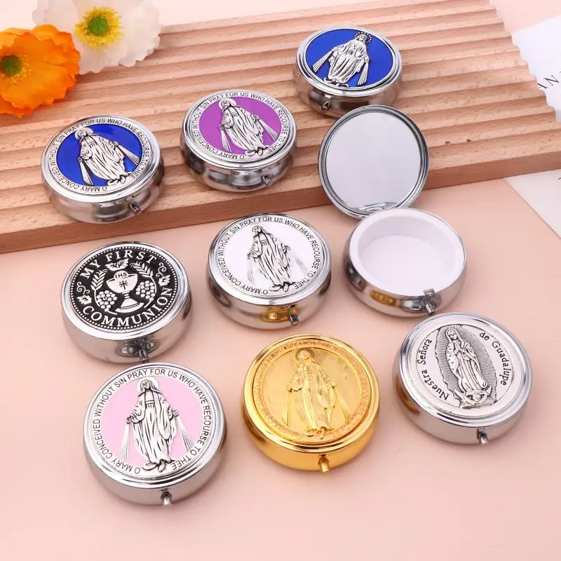 🌟Retro Metal Holy Communion Saint Benedict Rosary Gift Boxes Round Religious Jewelry Packing Case