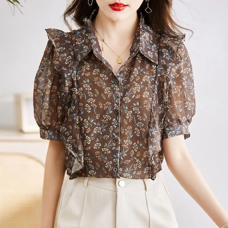 Chemisier imprimé à fleurs cassées vintage pour femmes, vêtements à boutonnage simple, volants de trajet, épissé, chemise à col polo, été, 2023