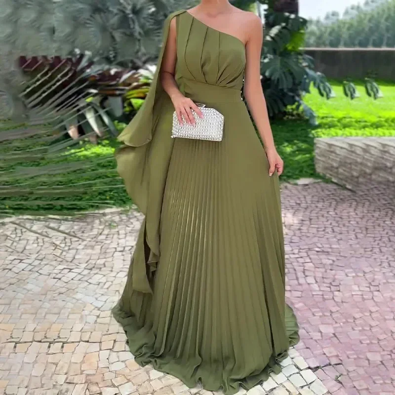 Olive Green Solid Women\'s Dress Elegant High Waist Fashion Pleated Single Shoulder Cape Temperament Female Fresh Party Dresses