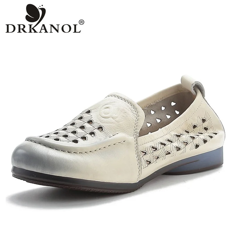 

DRKANOL 2024 Ladies Shoes Summer Slip On Loafers Hollow Out Breathable Shallow Soft Bottom Comfort Genuine Leather Women Shoes