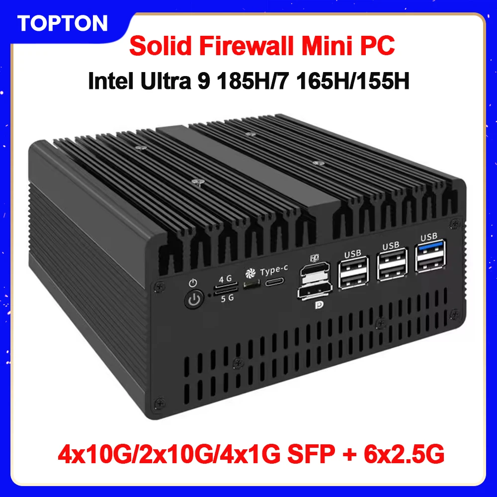 Topton Ultra 9 185H Брандмауэр Мини-ПК Ultra 7 165H 155H 4x/2x 10G SFP 6*2.5G LAN, Intel vPro 2xNVMe Thunderbolt 4 Сервер для домашней лаборатории