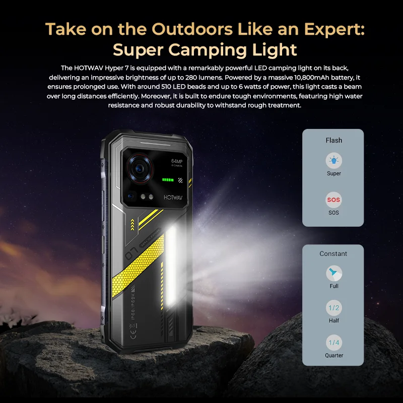 HOTWAV Hyper 7 5G هاتف متين 10800mAh 6.6 ''FHD + 2K عرض الهاتف المحمول 280LM 64MP الهاتف الذكي 8GB 256GB أندرويد 14 الهاتف المحمول